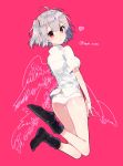  1girl :o angel_chromosome_xx ass black_legwear blush commentary_request from_behind highres ikeuchi_tanuma looking_at_viewer looking_back multiple_wings neon_genesis_evangelion panties parted_lips pink_background red_eyes seraph shirt short_sleeves silver_hair simple_background socks solo tabris tabris-xx twitter_username two_side_up underwear white_panties white_shirt wings 