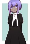  1girl :o alternate_costume aqua_background arms_behind_back bangs black_dress blush dress eyebrows_visible_through_hair fate/grand_order fate_(series) hassan_of_serenity_(fate) i.u.y juliet_sleeves long_sleeves looking_at_viewer open_mouth outside_border puffy_sleeves purple_hair round_teeth short_hair simple_background solo tareme teeth upper_body violet_eyes white_border 
