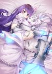  1girl blue_eyes doll_hug dress fate/grand_order fate_(series) fou_(fate/grand_order) frilled_dress frills highres long_hair lying meltlilith midriff on_bed on_side purple_hair sleeves_past_wrists spikes stuffed_animal stuffed_toy very_long_hair white_dress 