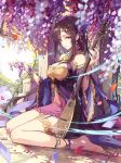  1girl bare_legs barefoot biwa_lute breasts brown_hair cleavage day dress earrings fingernails flower forehead_jewel full_body hair_ornament half-closed_eyes hands_up highres instrument jewelry long_hair looking_at_viewer lute_(instrument) medium_breasts original outdoors petals pink_dress purple_flower sam_ashton shadowverse short_dress sitting smile solo stud_earrings violet_eyes wariza wide_sleeves wind wisteria 