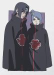  1boy 1girl black_hair blue_hair commentary_request flower hair_flower hair_ornament headband high_collar highres konan long_sleeves looking_at_viewer mi_(pic52pic) naruto orange_eyes red_eyes robe sharingan sleeves_past_fingers standing uchiha_itachi 