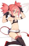  1girl armband bare_shoulders belt black_choker black_footwear black_gloves blush choker commentary_request demon_girl demon_tail disgaea earrings etna flat_chest gloves hands_up highres hiranko holding jewelry legs_together looking_at_viewer makai_senki_disgaea micro_shorts navel parted_lips pink_eyes pink_hair pointy_ears shorts skull_earrings smile solo tail thigh-highs twintails 