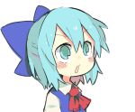  1girl ascot blue_bow blue_eyes blue_hair blue_vest blush_stickers bow cirno collared_shirt hair_between_eyes hair_bow moyazou_(kitaguni_moyashi_seizoujo) open_mouth portrait red_neckwear shirt short_hair simple_background sketch solo touhou vest white_background white_shirt 