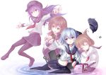  4girls akatsuki_(kantai_collection) anchor armor black_legwear black_skirt blue_eyes blush brown_hair dress eyebrows_visible_through_hair hair_between_eyes hair_ornament hairclip hat hibiki_(kantai_collection) ikazuchi_(kantai_collection) inazuma_(kantai_collection) kantai_collection miniskirt multiple_girls neckerchief pantyhose peaked_cap ponytail purple_hair sailor_collar sailor_dress sailor_hat school_uniform serafuku silver_hair simple_background skirt thigh-highs turret violet_eyes white_background yatsu_seisakusho 