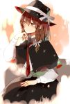  1girl black_hat black_skirt bow brown_eyes brown_hair capelet chin_rest commentary hair_bow hat hat_bow highres long_sleeves looking_away necktie red_neckwear satou_pote short_hair skirt solo touhou usami_renko white_bow 