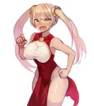  1girl bare_arms bare_shoulders blonde_hair blush breasts china_dress chinese_clothes copyright_request cowboy_shot dress fang green_eyes hair_between_eyes hand_up korean_commentary large_breasts looking_at_viewer pelvic_curtain red_dress simple_background solo sookmo standing twintails white_background 