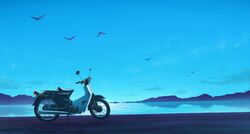  bird blue_sky clouds day gensuke_(ryun) ground_vehicle lake motor_vehicle motorcycle mountainous_horizon no_humans original outdoors reflection scenery shore sky still_life water 