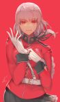  belt braid fate/grand_order fate_(series) florence_nightingale_(fate/grand_order) gloves hair_tie highres military military_uniform pink_hair putting_on_gloves red_eyes saihate_(d3) single_braid uniform white_gloves 