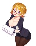  10s 1girl breasts brown_hair cleavage collarbone downblouse earrings glasses hips huge_breasts id_card jewelry koizumi_hanayo looking_at_viewer love_live! love_live!_school_idol_project office_lady pantyhose paper ratio_(ratio-d) short_hair simple_background skirt smile solo standing violet_eyes white_background 