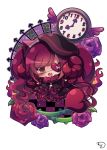  1girl :d beret black_capelet black_dress black_hat blush brown_hair capelet checkered checkered_floor chibi clock commentary_request curled_horns demon_girl demon_horns demon_tail dress eyepatch fang fire frilled_capelet frills fur_collar gothic_lolita hat heart heart_eyepatch highres horns lolita_fashion muuran no_shoes open_mouth original pantyhose purple_hair red_legwear signature smile solo star tail white_background 