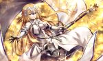 1girl armor armored_dress bangs banner bare_shoulders black_gloves black_legwear blonde_hair blue_eyes blurry blurry_background blush breasts chains cleavage cleavage_cutout closed_mouth collarbone commentary_request dress elbow_gloves elbow_pads eyebrows_visible_through_hair fate/grand_order fate_(series) faulds floating_hair fur-trimmed_gloves fur-trimmed_legwear fur_trim gabiran gauntlets gloves greaves headpiece holding holding_spear holding_weapon jeanne_d&#039;arc_(fate) jeanne_d&#039;arc_(fate)_(all) lens_flare light_particles light_trail long_dress long_hair looking_at_viewer medium_breasts one_leg_raised orange_background orange_ribbon outstretched_arm plackart polearm ribbon sheath sheathed shiny shiny_hair smile solo spear standard_bearer sword thigh-highs underbust very_long_hair weapon white_dress wind yellow_background 