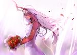  1girl absurdres bare_shoulders bouquet closed_eyes commentary darling_in_the_franxx dress emi-bianchi english_commentary flower happy_tears highres horns light_rays long_hair oni_horns petals pink_hair profile red_skin smile solo tears very_long_hair wedding_dress zero_two_(darling_in_the_franxx) 