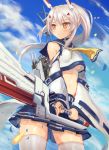  1girl ayanami_(azur_lane) azur_lane blue_sky choker clouds cloudy_sky commentary_request detached_sleeves hair_ornament hairclip holding ko_31 long_hair machinery navel pleated_skirt ponytail school_uniform serafuku silver_hair skirt sky solo sword thigh-highs turret weapon white_legwear wind yellow_eyes zettai_ryouiki 