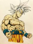  1boy abs clenched_hands dirty dragon_ball dragon_ball_super frown highres lee_(dragon_garou) male_focus marker_(medium) muscle profile serious shirtless silver_hair solo son_gokuu toriyama_akira_(style) traditional_media ultra_instinct wristband 
