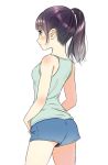  1girl ass back bare_shoulders blush boyshorts brown_eyes character_request closed_mouth cowboy_shot eyebrows_visible_through_hair nape ponytail purple_hair simple_background sleeveless solo standing white_background yatomi 