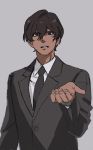  1boy alternate_costume arjuna_(fate/grand_order) black_jacket black_neckwear brown_eyes brown_hair collared_shirt commentary_request fate/grand_order fate_(series) fingernails formal grey_background hair_between_eyes hand_up jacket long_sleeves looking_at_viewer mi_(pic52pic) necktie shirt simple_background solo upper_body white_shirt wing_collar 
