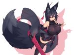  1girl animal_ears bare_shoulders black_gloves black_hair black_legwear blue_eyes blush breasts ear_piercing elbow_gloves eyebrows_visible_through_hair fingernails fox_ears fox_shadow_puppet fox_tail gloves hair_between_eyes hair_ornament hair_stick hairclip highres holding holding_sword holding_weapon huge_breasts japanese_clothes kiri_(sub-res) long_hair looking_at_viewer original piercing simple_background sleeveless smile solo standing sub-res sword tail thigh-highs weapon zettai_ryouiki 