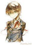  1boy akagi_shun bangs brown_hair closed_mouth collared_shirt green_eyes hair_between_eyes horikawa_kunihiro jacket long_sleeves looking_at_viewer neck_ribbon red_neckwear red_ribbon ribbon shirt simple_background smile solo touken_ranbu twitter_username upper_body white_background white_shirt wing_collar 