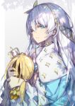  1girl anastasia_(fate/grand_order) blue_dress blue_eyes bow capelet commentary crown dress fate/grand_order fate_(series) hair_bow hairband holding hong_(white_spider) lavender_hair long_sleeves looking_at_viewer looking_to_the_side parted_lips signature solo upper_body 