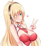  1girl ;d antenna_hair aqua_eyes bangs bare_shoulders baretto_(karasi07) black_hairband blonde_hair blush breasts cleavage cleavage_cutout grin hairband heart highres large_breasts long_hair looking_at_viewer necktie one_eye_closed open_mouth red_neckwear simple_background smile solo straight_hair teeth tsurumaki_maki upper_body v v-shaped_eyebrows very_long_hair voiceroid white_background wing_collar 