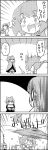  2girls 4koma black_dress bow cape comic commentary_request disembodied_head dogeza dress emphasis_lines feet_out_of_frame fleeing greyscale hair_bow hair_ornament hand_behind_head highres juliet_sleeves karakasa_obake kochiya_sanae lifting long_hair long_sleeves monochrome motion_lines multiple_girls o_o pose puffy_sleeves scared sekibanki short_hair smile standing tani_takeshi tatara_kogasa tears touhou translation_request umbrella vest yukkuri_shiteitte_ne 