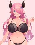  1girl :d arm_at_side bare_arms bare_shoulders black_bra black_panties blush bra breasts bright_pupils cleavage draph granblue_fantasy hair_ornament hair_over_one_eye hairpin hand_up highres horns huge_breasts koretsuki_azuma lingerie long_hair looking_at_viewer narmaya_(granblue_fantasy) navel open_mouth panties pink_background pink_hair shiny shiny_hair shiny_skin simple_background smile solo stomach tareme underwear very_long_hair violet_eyes 