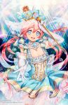  1girl :d \m/ blue_eyes blush bow breasts cleavage crown dress elbow_gloves gloves hair_bow head_tilt holding kaze-hime long_hair looking_at_viewer low_twintails medium_breasts open_mouth original pink_hair revision scepter smile solo treble_clef twintails very_long_hair watermark web_address white_gloves 