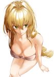  1girl blonde_hair blurry bra breasts cleavage fate/grand_order fate_(series) feet_out_of_frame green_eyes hair_between_eyes hair_intakes highres large_breasts lips long_hair looking_to_the_side nero_claudius_(fate) nero_claudius_(fate)_(all) simple_background solo strapless strapless_bra underwear utayoi_(umakatare) very_long_hair white_background 