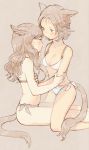  2girls animal_ears bikini blush breasts brown_background brown_eyes cat_ears cat_tail cleavage facial_mark final_fantasy final_fantasy_xiv hand_on_another&#039;s_face highres holding_another&#039;s_arm kneeling light_brown_hair long_hair looking_at_another medium_breasts miqo&#039;te mozuku_(mozuuru0323) multiple_girls short_hair sitting swimsuit tail white_bikini yuri 