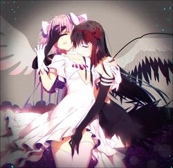  2girls akemi_homura akuma_homura argyle argyle_legwear bangs bare_shoulders black_dress black_gloves black_hair black_wings bow choker dress elbow_gloves feathered_wings gloves goddess_madoka hair_bow hair_ribbon hakusai_(tiahszld) hand_on_another&#039;s_head hand_on_another&#039;s_leg kaname_madoka long_hair magical_girl mahou_shoujo_madoka_magica mahou_shoujo_madoka_magica_movie multiple_girls pink_hair pink_legwear revision ribbon soul_gem spoilers two_side_up violet_eyes white_dress white_gloves wings yellow_eyes yuri 