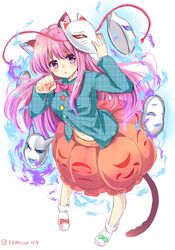  1girl animal_ears artist_name aura blue_shirt blush bow breasts cat_ears cat_tail commentary_request eyebrows_visible_through_hair full_body green_bow hands_up hata_no_kokoro head_tilt highres kemonomimi_mode leaning_forward long_hair long_sleeves mask medium_breasts navel neck_bow no_shoes orange_skirt parted_lips paw_pose pink_bow pink_eyes pink_hair pink_neckwear plaid plaid_shirt ramudia_(lamyun) red_bow shirt sidelocks signature simple_background skirt sock_bow socks solo standing star tail touhou white_background white_legwear 