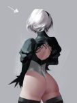  1girl ass back backless_outfit black_legwear commentary directional_arrow english_commentary facing_away from_behind hairband juliet_sleeves leotard less long_sleeves nier_(series) nier_automata puffy_sleeves short_hair solo thigh-highs white_hair white_leotard yorha_no._2_type_b 