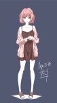  1girl blue_background character_request collarbone commentary copyright_request dated eyebrows_visible_through_hair highres nii_manabu off_shoulder pigeon-toed short_hair smile solo spaghetti_strap 