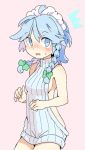  /\/\/\ 1girl bangs bare_arms blue_eyes blue_hair blush bow braid breasts cowboy_shot eyebrows_visible_through_hair green_bow grey_sweater hair_bow izayoi_sakuya looking_at_viewer maid_headdress medium_breasts meme_attire moyazou_(kitaguni_moyashi_seizoujo) nose_blush open_mouth pink_background side_braid sideboob simple_background solo sweat sweater touhou twin_braids virgin_killer_sweater 