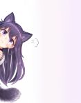  1girl :t akatsuki_(kantai_collection) animal_ears bangs blush closed_mouth eyebrows_visible_through_hair fox_ears fox_tail fume gradient gradient_background highres kantai_collection kemonomimi_mode long_hair long_sleeves peeking_out pout purple_background purple_hair reitou_mikan shiny shiny_hair solo straight_hair tail v-shaped_eyebrows violet_eyes 