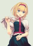  1girl alice_margatroid bangs blonde_hair blue_dress blue_eyes capelet chair culter dress eyebrows_visible_through_hair fingernails hairband hand_up head_tilt holding necktie parted_lips red_hairband red_neckwear simple_background smile solo touhou 