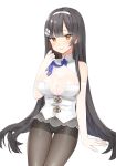  1girl arm_at_side bangs black_hair black_legwear blue_neckwear blunt_bangs blush breasts brown_eyes canape_(canape0130) cleavage closed_mouth cowboy_shot crotch_seam elbow_gloves eyebrows_visible_through_hair flower girls_frontline gloves hair_flower hair_ornament hairband highres large_breasts lips long_hair looking_at_viewer necktie no_bra no_pants panties panties_under_pantyhose pantyhose qbz-95_(girls_frontline) see-through shirt smile solo standing straight_hair thigh_gap tsurime underwear very_long_hair white_gloves white_hairband white_shirt 