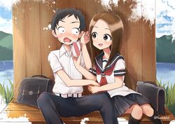  1boy 1girl :d bangs belt_buckle black_eyes black_hair black_legwear black_pants black_sailor_collar black_skirt blue_sky blush brown_eyes brown_hair buckle can clouds collared_shirt commentary_request day forehead holding holding_can karakai_jouzu_no_takagi-san kneehighs lake long_hair macchiato_(jae-min_cho) mountain nishikata open_mouth outdoors pants parted_bangs pleated_skirt sailor_collar school_briefcase school_uniform serafuku shirt short_sleeves sitting skirt sky smile takagi-san twitter_username very_long_hair water white_belt white_shirt 