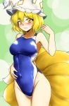  1girl animal_ears blonde_hair blue_swimsuit blush breasts competition_swimsuit d-m_(dii_emu) fox_ears fox_tail green_background hand_on_own_stomach hat highres kitsune looking_at_viewer medium_breasts multiple_tails one-piece_swimsuit pillow_hat short_hair solo swimsuit tail touhou yakumo_ran yellow_eyes 