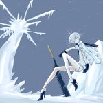  1other androgynous antarcticite bent_knees blue_footwear blue_gloves cojimama commentary_request full_body gloves grey_eyes high_heels holding holding_sword holding_weapon houseki_no_kuni long_sleeves looking_at_viewer outdoors pale_skin short_hair silver_hair sitting sword weapon 