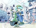  1girl arm_support blue_eyes blue_hair blue_jacket blue_pants boots cup daisy drinking eyebrows_visible_through_hair flower full_body green_footwear ground_vehicle hair_bobbles hair_ornament helmet highres jacket kawashiro_nitori key key_necklace legs_crossed long_sleeves motor_vehicle moyazou_(kitaguni_moyashi_seizoujo) mug open_clothes open_jacket pants petals phone pocket power_lines road_sign scooter sign smokestack solo standing strapless touhou traffic_cone traffic_mirror tubetop two_side_up unzipped wheel white_flower zipper zipper_pull_tab 