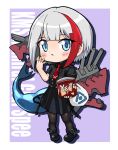  1girl admiral_graf_spee_(azur_lane) azur_lane bag black_dress black_legwear blue_eyes boots bugles chibi commentary_request dress eating hydrock looking_at_viewer machinery multicolored_hair necktie pantyhose plastic_bag shopping_bag short_hair silver_hair snack solo turret two-tone_hair 