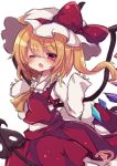  1girl ascot bangs blonde_hair blush bow chestnut_mouth commentary_request crystal eyebrows_visible_through_hair flandre_scarlet hair_between_eyes hands_up hat hat_bow highres long_hair long_sleeves looking_at_viewer mob_cap muuran one_eye_closed one_side_up open_mouth red_bow red_eyes red_skirt red_vest shirt signature simple_background skirt skirt_set sleeves_past_wrists solo touhou very_long_hair vest white_background white_hat white_shirt wings yellow_neckwear 