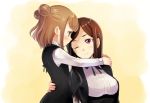  2girls ;) arm_around_waist bangs beatrice_(princess_principal) black_dress black_jacket black_neckwear brown_eyes brown_hair cross-laced_clothes dorothy_(princess_principal) double_bun dress hug jacket long_hair long_sleeves looking_at_another multiple_girls neck_ribbon niina_ryou one_eye_closed princess_principal ribbon short_hair smile upper_body violet_eyes 