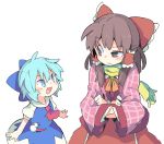  2girls :d ascot blue_bow blue_dress blue_eyes blue_hair blush bow brown_eyes brown_hair cirno dress hair_between_eyes hair_bow hair_tubes hakurei_reimu looking_at_another looking_up moyazou_(kitaguni_moyashi_seizoujo) multiple_girls open_mouth pink_coat puffy_short_sleeves puffy_sleeves red_bow red_neckwear red_skirt scarf short_hair short_sleeves sidelocks skirt smile snowman touhou uneven_eyes upper_body v-shaped_eyebrows white_background wide_sleeves yellow_neckwear yellow_scarf 