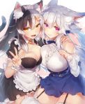  2girls :d animal_ears apron arm_around_shoulder arm_garter bare_shoulders bell black_dress black_hair blue_dress blush breast_press breasts bright_pupils cat_ears cat_tail cleavage closed_mouth detached_collar dress eyebrows_visible_through_hair fang garter_straps grey_hair hand_up jingle_bell large_breasts long_hair maid maid_apron maid_headdress multicolored_hair multiple_girls neck_bell open_mouth orange_eyes original paw_pose puffy_short_sleeves puffy_sleeves short_sleeves slit_pupils smile symmetrical_docking tail thigh-highs two-tone_hair v violet_eyes waist_apron white_apron white_legwear wing_collar yamaarashi 