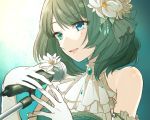  1girl :d bare_shoulders blue_eyes chisumi cravat elbow_gloves eyebrows_visible_through_hair flower gloves green_eyes green_hair hair_flower hair_ornament heterochromia holding idolmaster idolmaster_cinderella_girls idolmaster_cinderella_girls_starlight_stage microphone mole mole_under_eye open_mouth short_hair smile solo takagaki_kaede upper_body white_gloves white_neckwear 