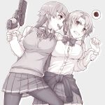  2girls :d anger_vein black_legwear blonde_girl_(itou) blush bow bowtie breasts bursting_breasts clenched_teeth clothes_around_waist collared_shirt commentary_request eye_contact finger_on_trigger grey_background greyscale gun handgun highres itou_(onsoku_tassha) jacket_around_waist large_breasts long_hair long_sleeves looking_at_another monochrome multiple_girls open_mouth original outline pantyhose pistol pleated_skirt ponytail shirt simple_background skirt smile spoken_squiggle squiggle sweatdrop tears teeth vest weapon wide-eyed wing_collar wrist_grab 