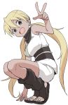  1girl :d absurdres bare_arms black_eyes blonde_hair commentary_request dark_skin hair_between_eyes hand_up highres long_hair looking_at_viewer low_twintails obi open_mouth original sash smile solo squatting toenails twintails very_long_hair yamamoto_souichirou 