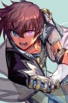  1boy asbel_lhant bangs blue_eye brown_hair hankuri heterochromia looking_at_viewer open_mouth pink_eye short_hair solo spoilers sword tales_of_(series) tales_of_graces weapon 